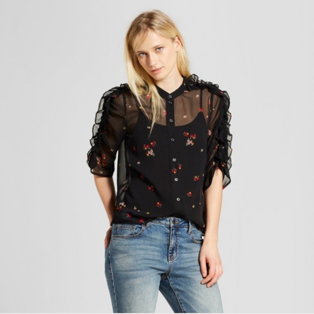 Sheer black floral blouse